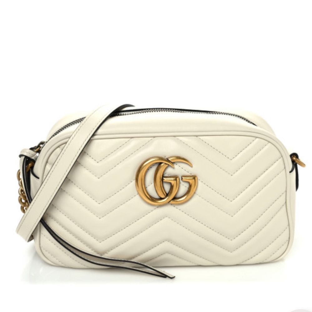 Gucci Calfskin Matelasse Small GG Marmont Chain Shoulder Bag White